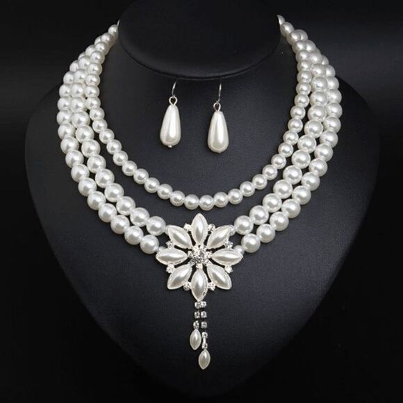 Multi-Layer Pearl Diamond Flower Necklace and Earring Set - Picture 1 of 5